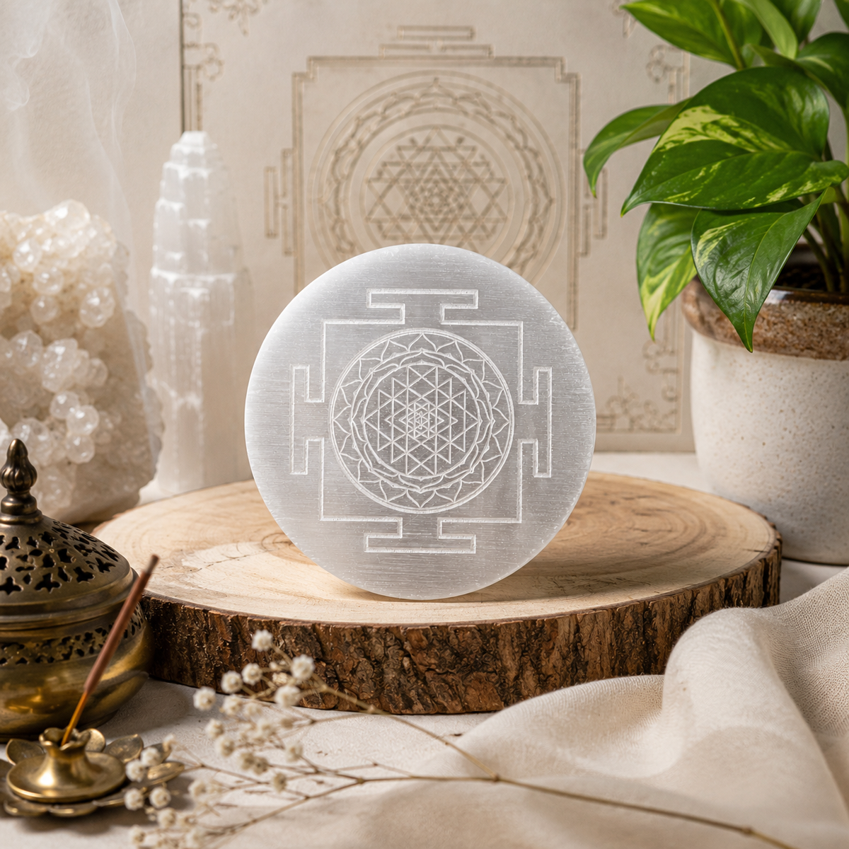 Selenite Charging Plate with Sri Yantra Engraving
