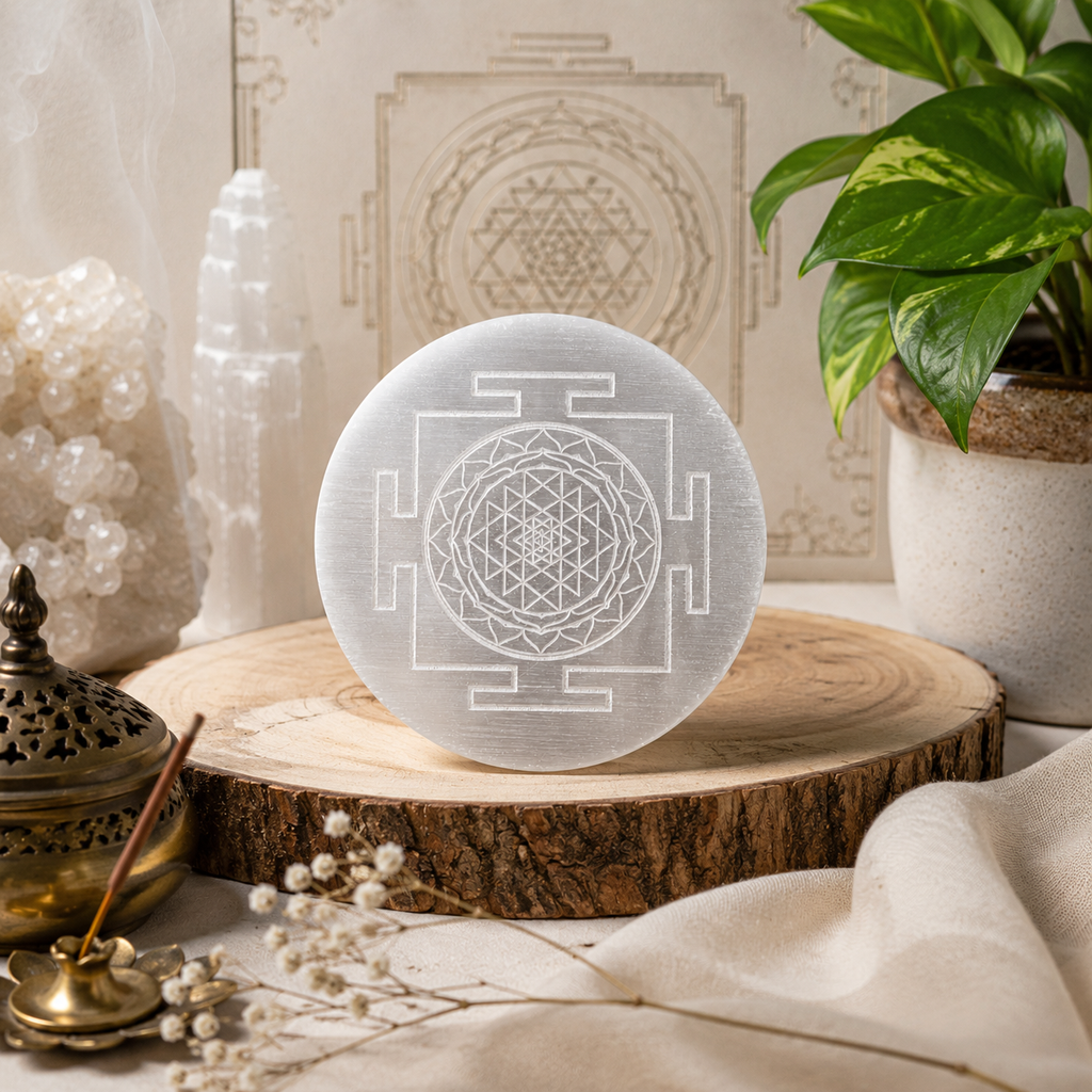 Selenite Charging Plate with Sri Yantra Engraving