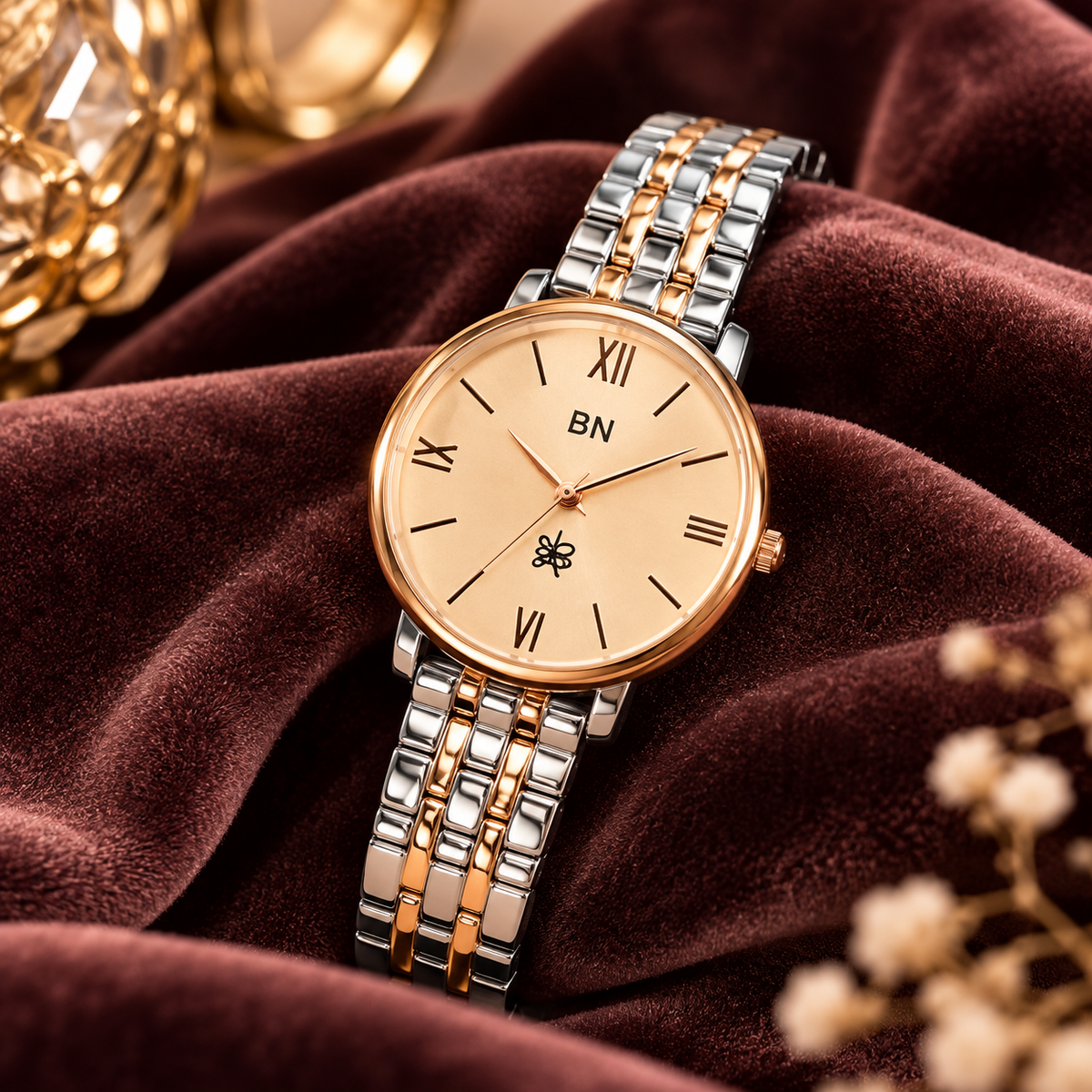 Premium Rose Gold With Dual Tone Strap Watch - Half Roman (Female)