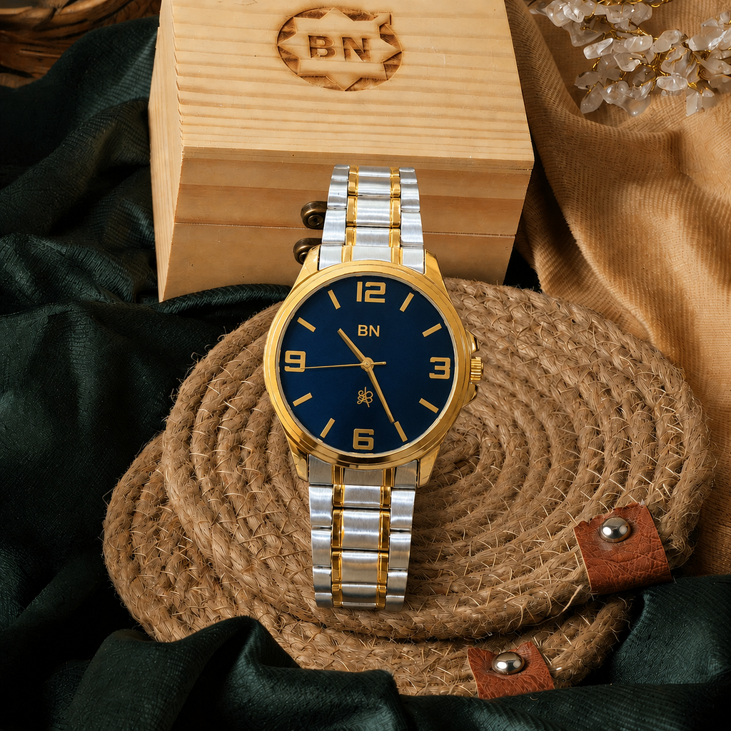 Golden Silver Luck Watch - Half Numeric (Blue Dial)