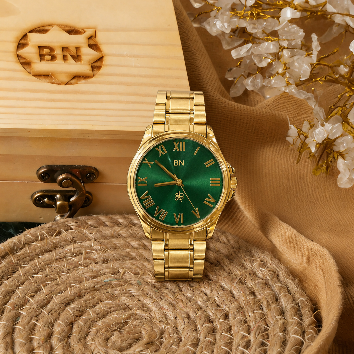 Green Dial Golden Strap- Full Roman