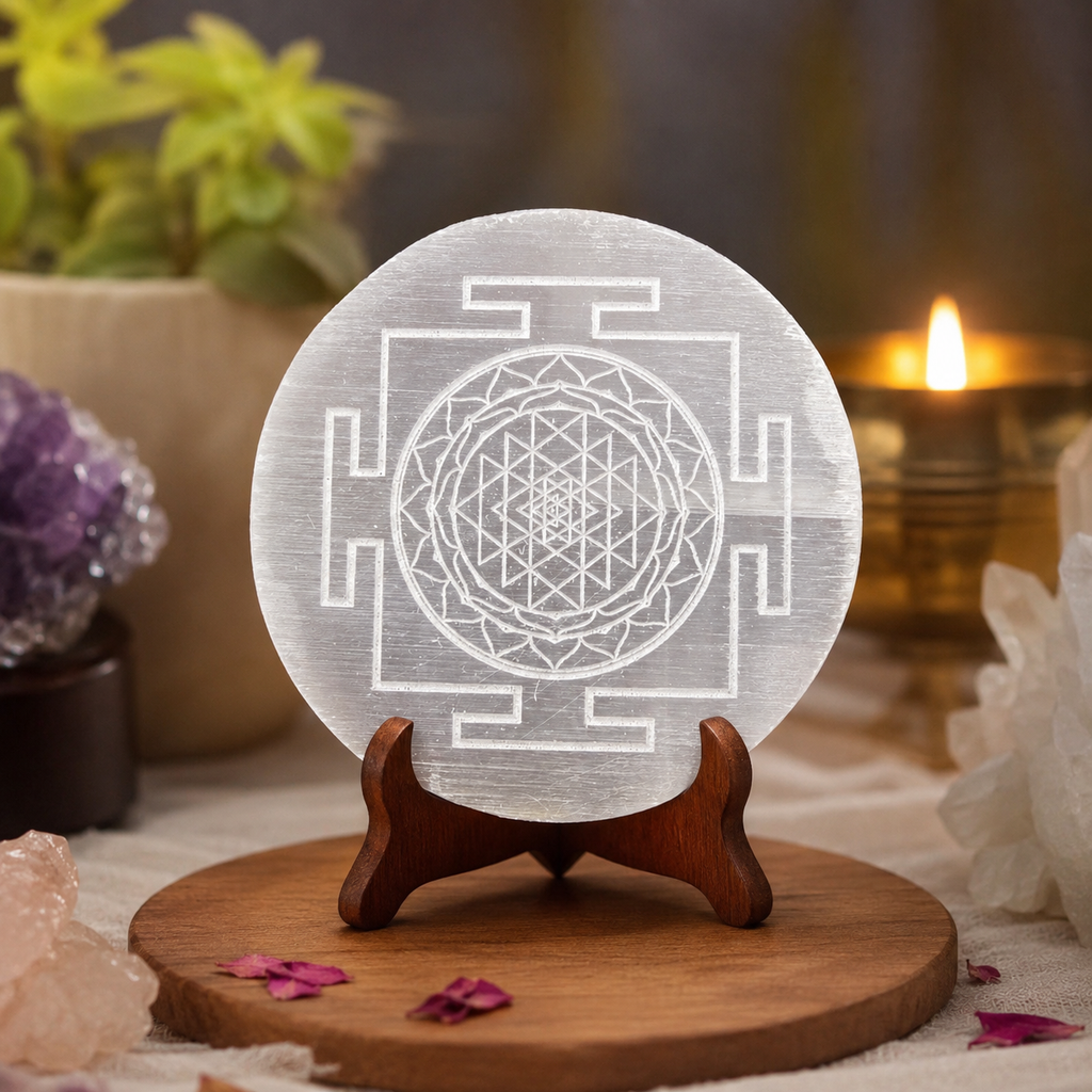 Selenite Charging Plate with Sri Yantra Engraving