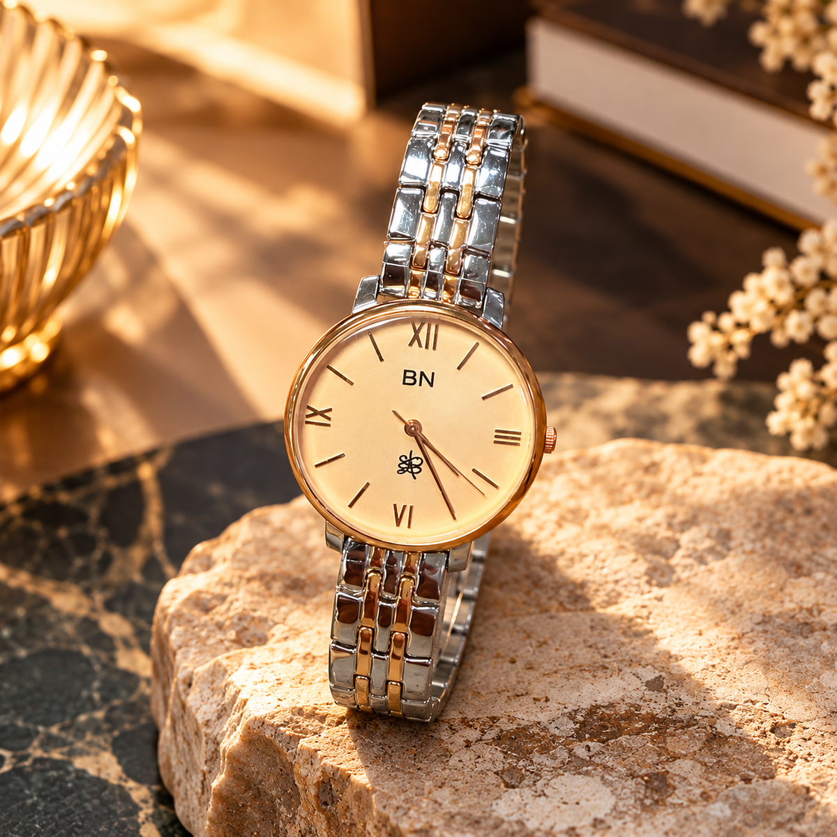 Premium Rose Gold With Dual Tone Strap Watch - Half Roman (Female)
