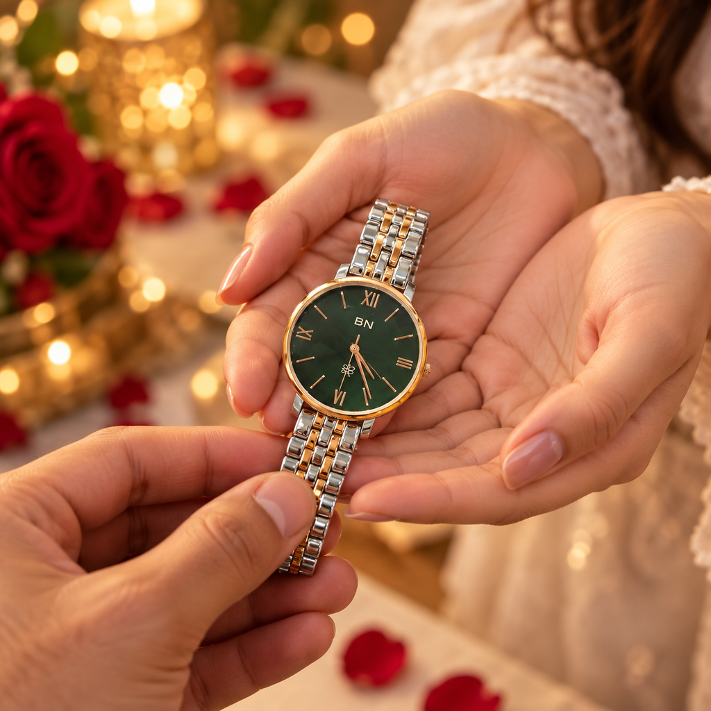 Green With Dual Tone Strap Watch- Half Roman (Female)