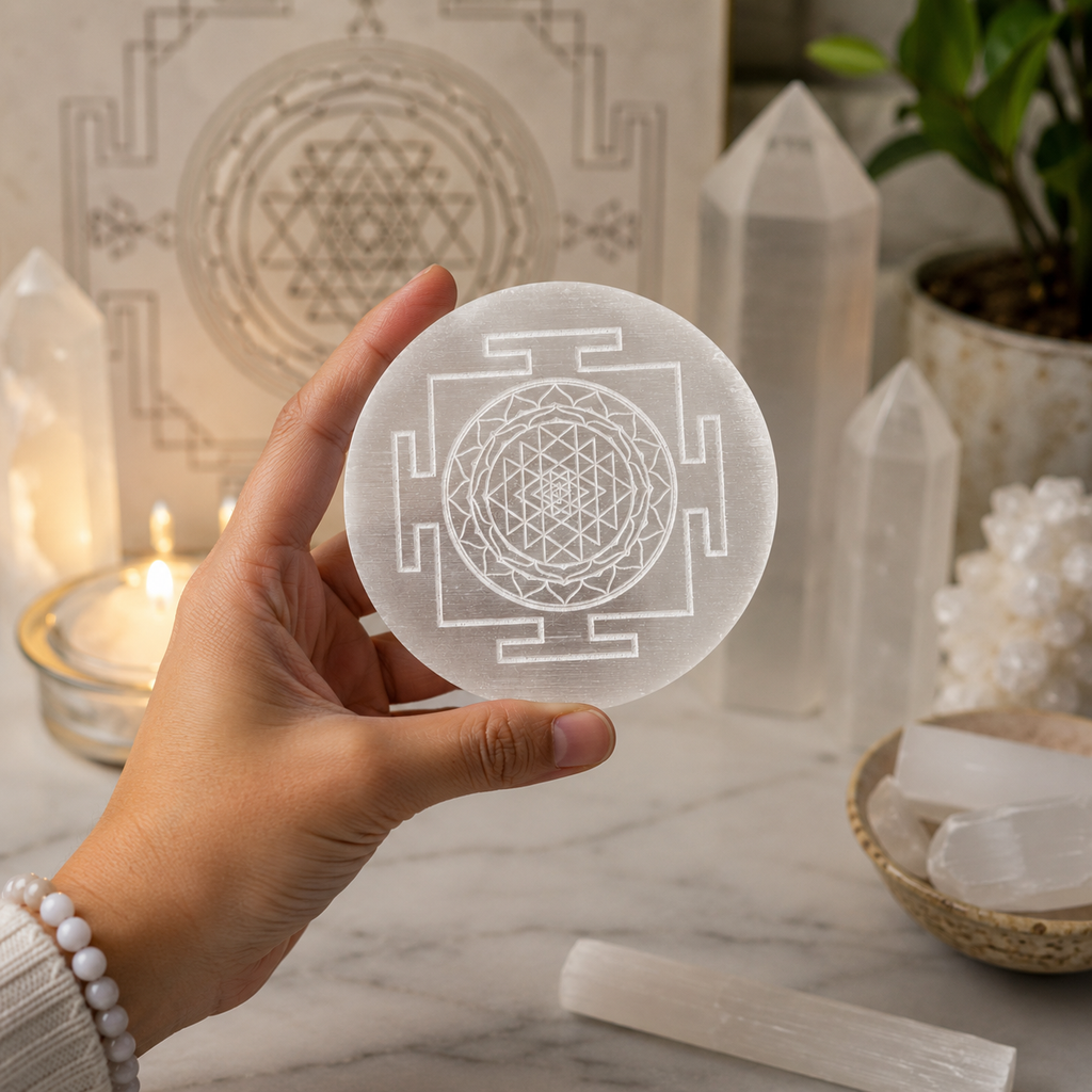 Selenite Charging Plate with Sri Yantra Engraving
