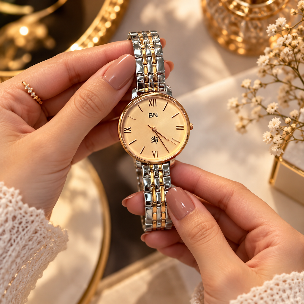 Premium Rose Gold With Dual Tone Strap Watch - Half Roman (Female)