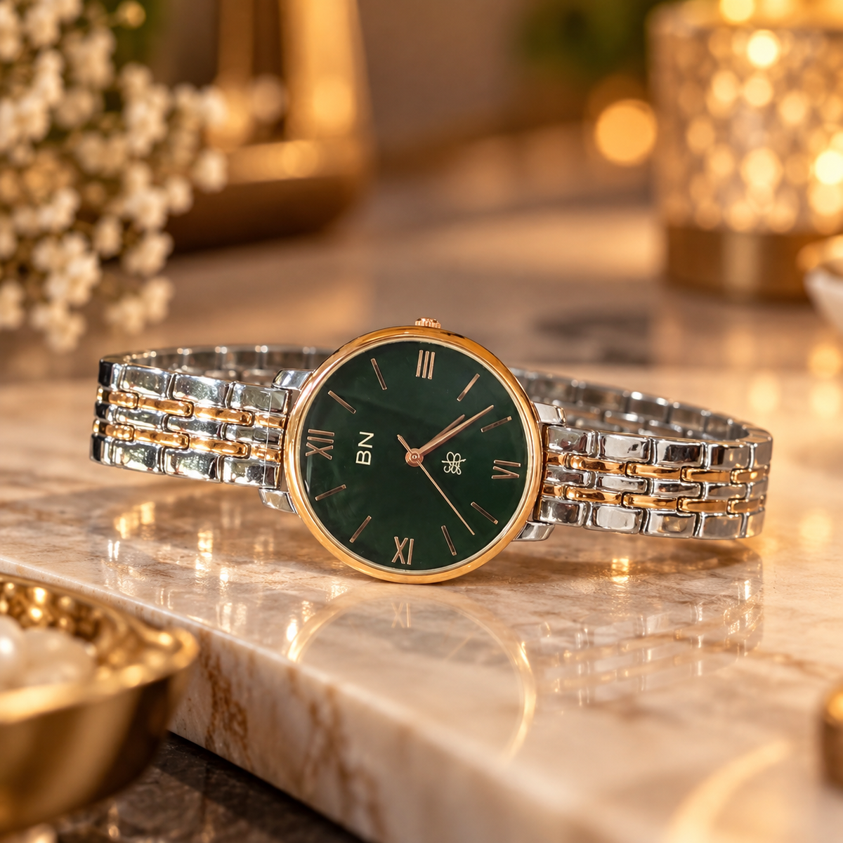 Green With Dual Tone Strap Watch- Half Roman (Female)