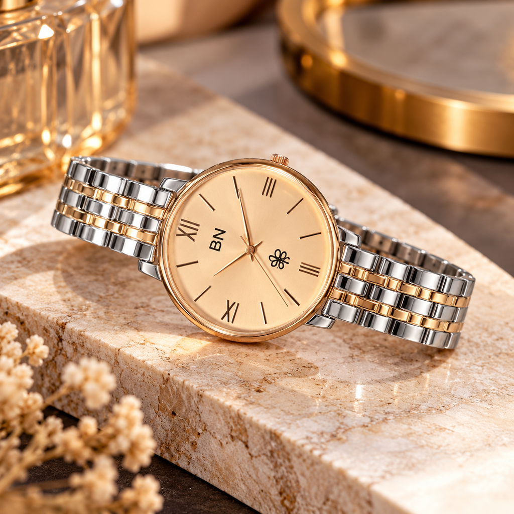 Premium Rose Gold With Dual Tone Strap Watch - Half Roman (Female)