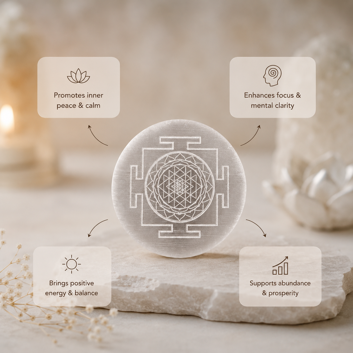 Selenite Charging Plate with Sri Yantra Engraving
