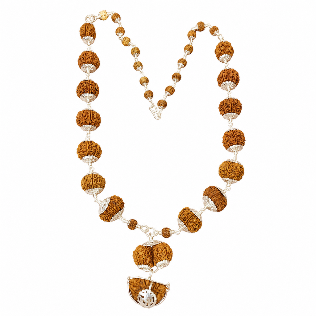 Silver Nepali Siddha Mala 1 to 14 Mukhi with Ganesh & Gauri Shankar Rudraksha | Pure Silver Caps & Silver Mala_ Lab Certified