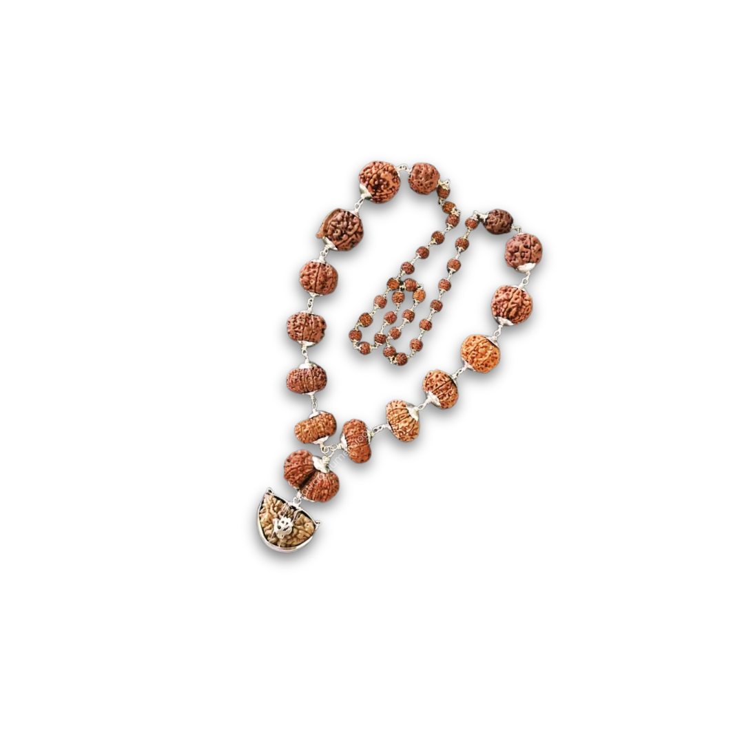 Silver Indonesian Siddha Mala 1 to 14 Mukhi with Ganesh & Gauri Shankar Rudraksha | Pure Silver Caps & Silver S-Kunda Mala_ Lab Certified